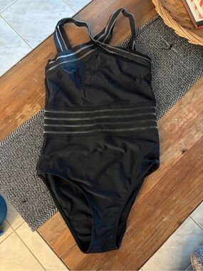 Black One-Piece Swimsuit with Sheer Stripe Accents